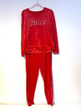 Juicy Couture Velour Matching Set Track Suit Crew Neck Joggers Red Womens Large